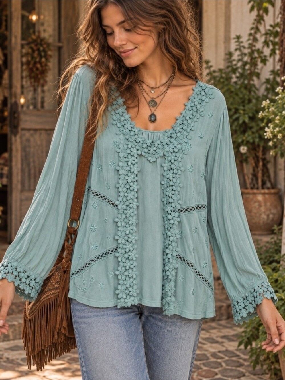 POL Muted Sage Floral Applique Bohemian Western Top Size XL